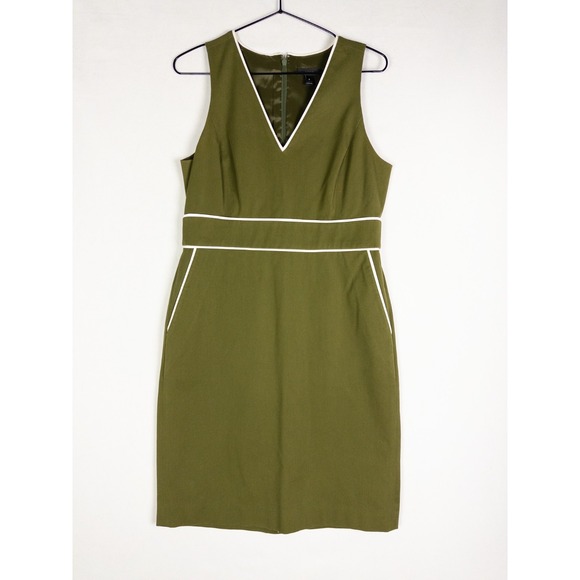 J.CREW Dresses & Skirts - J Crew Piped V Neck Sheath Dress Womens 6 Olive Green Shor Lined Sleeveless
